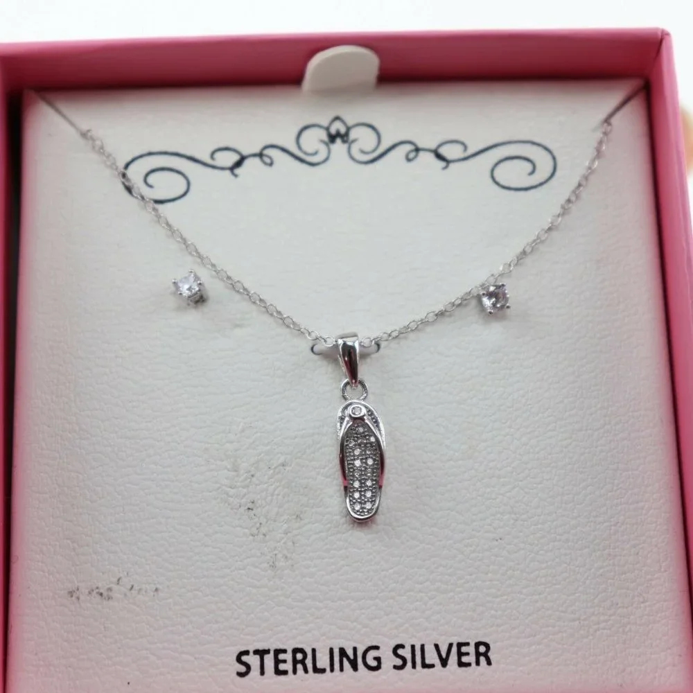 Flip-flop 2-Pc Set Cubic Zirconia Pendant Necklace and Stud Earrings in Sterling